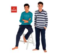Pyjama LE JOGGER "mit Streifen und Print", Jungen, Gr. 146/152, bunt (petrol, marine, grau, meliert, marine), Jersey, Obermaterial: 100% Baumwolle, bedruckt, gestreift, Basic, lässig geschnitten lang,