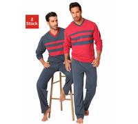 Pyjama LE JOGGER "Schlafanzug für Herren", Herren, Gr. 60/62 (XXL), bunt (rot, grau), Jersey, Obermaterial: 100% Baumwolle, unifarben mit Farbeinsätzen, Basic, bequem lang, V-Ausschnitt, abgesteppte K