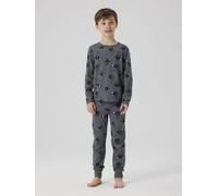 Pyjama NAME IT "NKMNIGHTSET DARK GREY MEL SKULL NOOS", Jungen, Gr. 146/152, grau (dunkelgrau melange), Jersey, Obermaterial: 95% Baumwolle, 5% Elasthan, bedruckt, regular fit, Rundhals, Homewear-Sets
