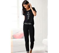 Pyjama S.OLIVER, Damen, Gr. 36/38, schwarz, Single Jersey, Obermaterial: 100% Baumwolle, bequem lang, Rundhals, eingesetzt, Homewear-Sets Pyjama, mit gestreiften Rippbündchen (43818751-36) schwarz