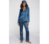 Pyjama S.OLIVER, Damen, Gr. 42, blau (dunkelgrün), Webqualität;Satin, Obermaterial: 95% Polyester, 5% Elasthan, unifarben mit Farbeinsatz, regular fit lang, V-Ausschnitt, Manschette, Homewear-Sets Pyj