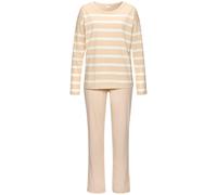 Pyjama S.OLIVER, Damen, Gr. 44/46, beige (beige, weiß, gestreift), Single Jersey, Obermaterial: 60% Baumwolle, 40% Polyester, gestreift, unifarben, casual, bequem lang, Rundhals, Langarm, Homewear-Set