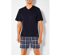 Pyjama S.OLIVER, Herren, Gr. 60/62, blau (marine, blau, kariert), Jersey, Obermaterial: 100% Baumwolle, kariert, Basic, bequem kurz, V-Ausschnitt, abgesteppte Kante, Homewear-Sets Pyjama, mit seitlich