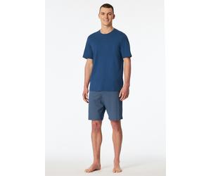 Pyjama SCHIESSER "Casual Essentials", Herren, Gr. 50, 815, blau, Single Jersey, Obermaterial: 100% Baumwolle, bequem kniefrei, Rundhals, Homewear-Sets Pyjama, mit unifarbenem Oberteil und gemusterter