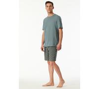 Pyjama SCHIESSER "Casual Essentials", Herren, Gr. 58, mineral, Single Jersey, Obermaterial: 100% Baumwolle, bequem kniefrei, Rundhals, Homewear-Sets Pyjama, mit unifarbenem Oberteil und gemusterter Ho