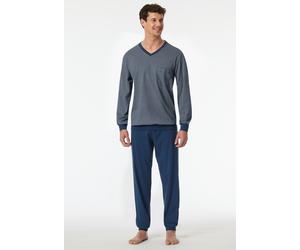 Pyjama SCHIESSER "Comfort Essentials", Herren, Gr. 27, blau (800, blau), Single Jersey, Obermaterial: 100% Baumwolle, bequem lang, V-Ausschnitt, Homewear-Sets Pyjama, V-Ausschnitt, Brusttasche, Baumwo