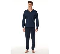 Pyjama SCHIESSER "Comfort Essentials", Herren, Gr. 27, blau (804, blau), Single Jersey, Obermaterial: 100% Baumwolle, bequem lang, V-Ausschnitt, Homewear-Sets Pyjama, V-Ausschnitt, Brusttasche, Baumwo