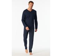 Pyjama SCHIESSER "Fine Interlock", Herren, Gr. 62, blau (804, blau), Interlock, Obermaterial: 100% Baumwolle, bequem lang, V-Ausschnitt, Homewear-Sets Pyjama, Oberteil in Uni, karierte Hose, V-Neck, L