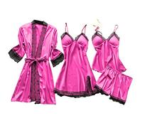 Pyjama Set Damen Satin 4 Stück Schlafanzug Cami Nachthemd Negligee Robe Kurz Pyjamahose Spitze Nachtwäsche Schlafshorts Leichte Sexy Schlafkleid Frauen Spaghettiträger Große Größen Sleepwear
