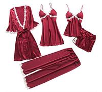Pyjama-Set für Damen, Satin, 5-teilig, Nachtwäsche, Bademantel, atmungsaktiv, leicht, einfarbig, Nachtkleid, sexy, Spitze, Kimono, Kleid, Sling Pyjama, Set für Geburtstage, Valentinstag, Weinrot, 50