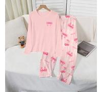 Pyjama-Set für Tween Mädchen, rosa Langarmshirt mit Rundhalsausschnitt, Schleife und Kirschmuster, 2 Stücke Set - Rosa Pyjama mit Kirsch-Schleifenmust