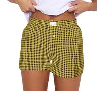 Pyjama-Shorts für Damen, kariert, Sommer, lässig, Hotpants, bequem, einfarbig, kurze Hose mit einem Knopf, Y2K, niedlich, weich, elastisch, niedrige Taille, karierter Druck, Pyjama-Shorts, Nachtwäsche