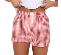 Pyjama-Shorts für Damen, kariert, Sommer, lässig, Hotpants, bequem, einfarbig, kurze Hose mit einem Knopf, Y2K, niedlich, weich, elastisch, niedrige Taille, karierter Druck, Pyjama-Shorts, Nachtwäsche