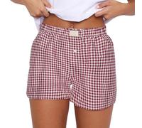 Pyjama-Shorts für Damen, kariert, Sommer, lässig, Hotpants, bequem, einfarbig, kurze Hose mit einem Knopf, Y2K, niedlich, weich, elastisch, niedrige Taille, karierter Druck, Pyjama-Shorts, Nachtwäsche