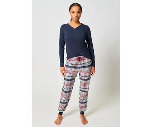Pyjama SKINY "Night In Skiny Flanell", Damen, Gr. 40, blau (navy blazer), Flanell, Obermaterial: 95% Baumwolle, 5% Elasthan. Obermaterial Hose: 100% Baumwolle, unifarben, bequem lang, V-Ausschnitt, Ho