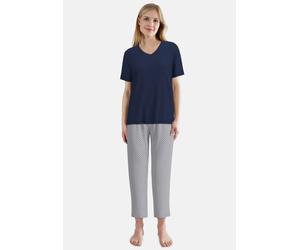 Pyjama TOM TAILOR, Damen, Gr. 38, blau, dunkel, allover, Single Jersey, Obermaterial: 95% Baumwolle, 5% Elasthan, bequem, V-Ausschnitt, gerader Abschluss, Homewear-Sets Pyjama, Kurzarm, mit Muster, V-