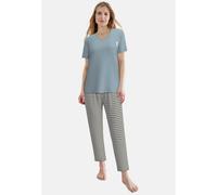 Pyjama TOM TAILOR, Damen, Gr. 44, blau, mittel, allover, Single Jersey, Obermaterial: 95% Baumwolle, 5% Elasthan, bequem, V-Ausschnitt, gerader Abschluss, Homewear-Sets Pyjama, Kurzarm, V-Ausschnitt,