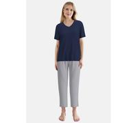 Pyjama TOM TAILOR, Damen, Gr. 46, blau, dunkel, allover, Single Jersey, Obermaterial: 95% Baumwolle, 5% Elasthan, bequem, V-Ausschnitt, gerader Abschluss, Homewear-Sets Pyjama, Kurzarm, mit Muster, V-