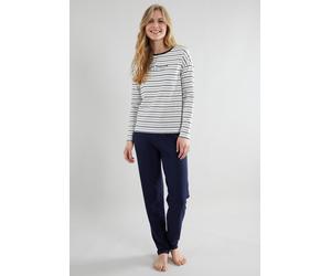 Pyjama TOM TAILOR "Zaria", Damen, Gr. 40L, blau, Single Jersey, Obermaterial: 95% Baumwolle, 5% Elasthan, lang, Rundhals, gerader Abschluss, Homewear-Sets Pyjama, gestreiftes Oberteil, mit Rundhalsaus