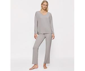 Pyjama TRIUMPH "Timeless Sensuality PK LSL", Damen, Gr. 48, grau (silent grau), Single Jersey, 94% Modal, 6% Elasthan, unifarben, normal normal, V-Ausschnitt, Homewear-Sets Pyjama, atumgsaktiv und wei