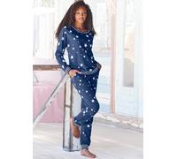 Pyjama VIVANCE DREAMS, Damen, Gr. 32/34, blau (dunkelblau, gemustert), Single Jersey, Obermaterial: 60% Baumwolle, 40% Polyester, gemustert, Basic hüftlang, Rundhals, Rippbündchen, Homewear-Sets Pyjam