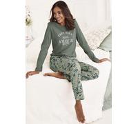 Pyjama VIVANCE DREAMS, Damen, Gr. 32/34, grün (grün geblümt), Single Jersey, Obermaterial: 50% Baumwolle, 50% Viskose, geblümt, Basic, Basic lang, Rundhals, eingesetzt abgesteppt, Homewear-Sets Pyjama