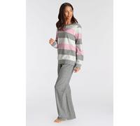 Pyjama VIVANCE DREAMS, Damen, Gr. 36/38, grau (grau, rosa), Frottee, Obermaterial: 80% Baumwolle, 20% Polyester. Unterteil: 70% Baumwolle, 30% Polyester, gestreift, loose fit lang, Rundhals, eingesetz