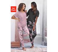 Pyjama VIVANCE DREAMS, Damen, Gr. 40/42, schwarz (mauve, schwarz), Single Jersey, Obermaterial: 100% Baumwolle, geblümt, gemustert, mehrfarbig, Basic, Basic lang, Rundhals, angeschnitten abgesteppte K