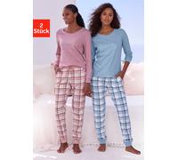 Pyjama VIVANCE DREAMS, Damen, Gr. 44/46, blau (mauve und graublau kariert), Single Jersey, Obermaterial 2: 100% Baumwolle, kariert, Basic, bequem lang, Rundhals, eingesetzt Rippbündchen, Homewear-Sets