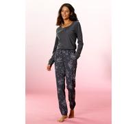 Pyjama VIVANCE DREAMS, Damen, Gr. 52/54, grau (anthrazit), Single Jersey, Obermaterial: 100% Baumwolle, geblümt, Basic, bequem lang, Rundhals, eingesetzt Rippbündchen, Homewear-Sets Pyjama, mit feinem