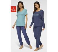 Pyjama VIVANCE DREAMS, Damen, Gr. 56/58, blau (blau, dunkelblau), Single Jersey, Obermaterial: 100% Baumwolle, unifarben, Basic lang, Rundhals, Homewear-Sets Pyjama, mit Frontschriftzug (56492550-56)