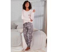 Pyjama VIVANCE DREAMS, Damen, Gr. 56/58, rosa, grau, Single Jersey, Obermaterial: 60% Baumwolle, 40% Polyester, gemustert, Basic, loose fit lang, Rundhals, eingesetzt angesetztes Bündchen, Homewear-Se