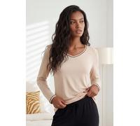 Pyjamaoberteil BUFFALO, Damen, Gr. 40/42, beige, Single Jersey, Obermaterial: 95% Viskose, 5% Elasthan, kontrastfarbene Details, unifarben, Basic hüftlang, V-Ausschnitt, eingesetzt paspeliert kontrast
