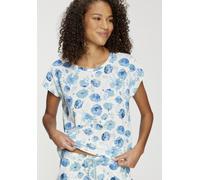 Pyjamaoberteil, Damen, Gr. 48/50, weiß, blau, geblümt, Single Jersey, Obermaterial: 50% Baumwolle, 50% Viskose, VIVANCE DREAMS BY LASCANA, bedruckt, Basic, gerade hüftlang, Rundhals, angeschnitten abg