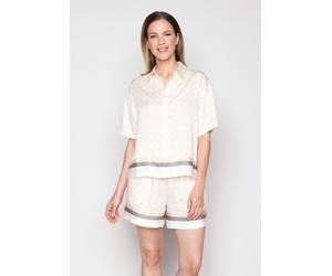 Pyjamaoberteil JOOP, Damen, Gr. 44, goldener print, Web, Obermaterial: 100% Lyocell, bequem hüftlang, ohne Ausschnitt, Shirts, mit kurzem Ärmeln, Kragen und grafischem Muster (31907246-44) goldener pr