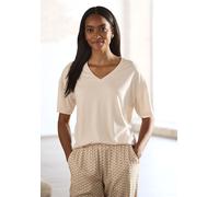 Pyjamaoberteil LASCANA, Damen, Gr. 32/34, beige, Single Jersey, Obermaterial: 62% Polyester, 33% Viskose, 5% Elasthan, unifarben, Basic, bequem, V-Ausschnitt, Shirts, mit V-Ausschnitt (64605701-32) be