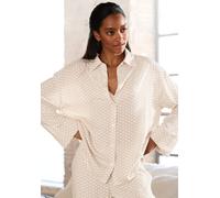 Pyjamaoberteil LASCANA, Damen, Gr. 32, beige (beige, weiß gemustert), Web, Obermaterial: 100% Viskose, gemustert, bequem, 2-Knopf-Manschette, Shirts, mit edlem Allover-Druck (22962609-32) beige, weiß