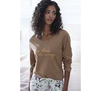 Pyjamaoberteil LASCANA, Damen, Gr. 36/38, braun, Single Jersey, Obermaterial: 50% Baumwolle, 50% Viskose, unifarben, Basic, Basic hüftlang, Rundhals, eingesetzt abgesteppt, Shirts, mit Folienprint (10