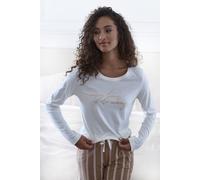 Pyjamaoberteil LASCANA, Damen, Gr. 40/42, beige (ecru), Single Jersey, Obermaterial: 50% Baumwolle, 50% Viskose, unifarben, Basic, Basic hüftlang, Rundhals, eingesetzt abgesteppt, Shirts, mit Folienpr