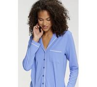Pyjamaoberteil LASCANA, Damen, Gr. 40/42, blau, Single Jersey, Obermaterial: 50% Baumwolle, 50% Viskose, unifarben mit Farbeinsatz, bequem hüftlang, V-Ausschnitt, eingesetzt Manschette, Shirts, mit Ko