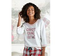 Pyjamaoberteil LASCANA, Damen, Gr. 44/46, beige (ecru), Interlock, Obermaterial: 100% Baumwolle, festlich, comfort fit hüftlang, Rundhals, kontrastfarben, Shirts Pyjama Nachtwäsche, mit Schriftzug (15