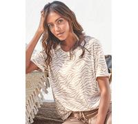 Pyjamaoberteil LASCANA, Damen, Gr. 44/46, braun (ecru, nougat), Single Jersey, Obermaterial: 50% Baumwolle, 50% Viskose, gemustert, loose fit hüftlang, Rundhals, eingesetzt Aufschlag, Shirts, in weich