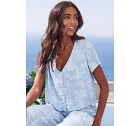 Pyjamaoberteil LASCANA, Damen, Gr. 44, blau (graublau), Web, Obermaterial: 100% Viskose, bedruckt, loose fit taillenbedeckt, tiefer V-Ausschnitt, eingesetzt abgesteppt, Shirts, in kurzer Taillenlänge