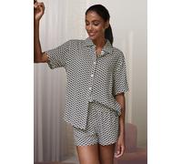 Pyjamaoberteil LASCANA, Damen, Gr. 44, schwarz-weiß (schwarz, weiß gemustert), Web, Obermaterial: 100% Viskose, gemustert, bequem hüftbedeckend, Shirts, mit edlem Allover-Druck (67439138-44) schwarz,