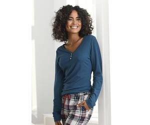 Pyjamaoberteil S.OLIVER, Damen, Gr. 32/34, blau (petrol), Feinripp, Obermaterial: 63% Polyester, 33% Viskose, 4% Elasthan, unifarben, Basic, körpernah hüftlang, V-Ausschnitt, eingesetzt, Shirts, aus g