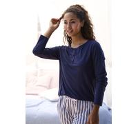 Pyjamaoberteil S.OLIVER, Damen, Gr. 32/34, blau, Single Jersey, Obermaterial: 50% Baumwolle, 50% Viskose, unifarben, Basic, Basic hüftlang, Rundhals, eingesetzt, Shirts, mit Knopfleiste (84637529-32) 
