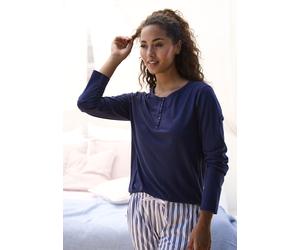 Pyjamaoberteil S.OLIVER, Damen, Gr. 32/34, blau, Single Jersey, Obermaterial: 50% Baumwolle, 50% Viskose, unifarben, Basic, Basic hüftlang, Rundhals, eingesetzt, Shirts, mit Knopfleiste (84637529-32) 