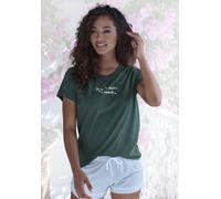 s.Oliver Pyjamaoberteil Damen Gr. 32/34 Dunkelgrün Kurzarm mit Frontprint 50% Baumwolle/50% Viskose
