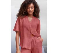 Pyjamaoberteil S.OLIVER, Damen, Gr. 32, rot (rostrot), Obermaterial: 100% Baumwolle, unifarben, bequem hüftlang, V-Ausschnitt, weit leicht ausgefranste Kante, Shirts, aus gewebtem Musselinstoff (15510