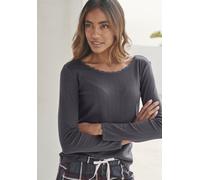 Pyjamaoberteil S.OLIVER, Damen, Gr. 36/38, grau (graphit), Feinstrick, Obermaterial: 100% Baumwolle, unifarben, figurumspielend hüftlang, Rundhals, eingesetzt Spitze, Shirts, aus Ajour-Strick (5458153